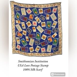 Beautiful Rare 1992 Smithsonian 100% Silk Scarf “USA Love Postage Stamp”